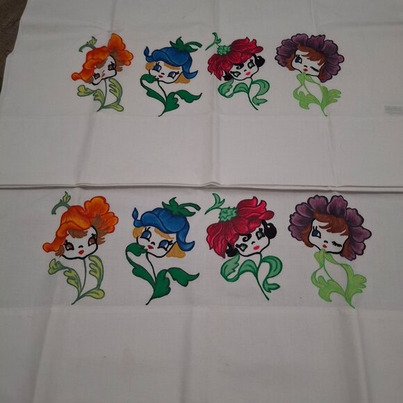 Vintage Fashion Manor Penn-Prest Pillowcases Set 42"x38" Floral Cartoon Faces - Picture 7 of 8